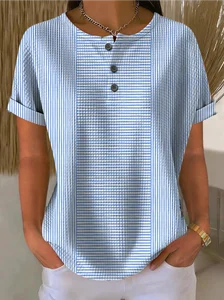 Image of Women's Blue White Striped Henley Top Casual Short Sleeve Button T-Shirt