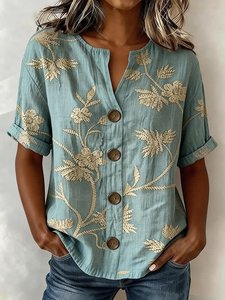 Image of Women's Floral Print Linen Blend V-Neck Button Front Rolled Sleeve Blouse