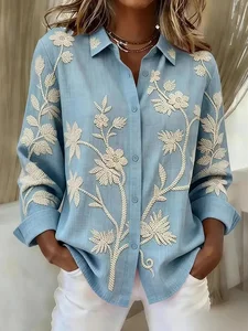Image of Women’s Light Blue Printed Floral Long Sleeve Button Down Collared Blouse Elegant Shirt