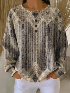 Image of Women's Abstract Print Button-Up Casual Waffle Knit Sweatshirt