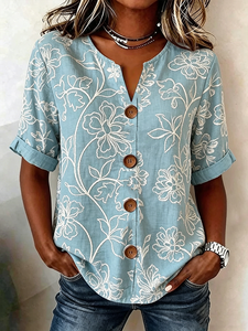 Image of Vintage Blue Floral V-Neck Blouse with Wooden Buttons