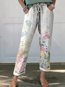 Image of Women's Straight Pants Daily Going Out Pants White Casual Printing Floral Spring/Fall Pants