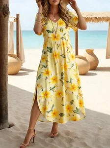 Image of Women's Short Sleeve Summer Yellow Floral Printing Crew Neck Daily Going Out Casual Maxi H-Line T-Shirt Dress Dress