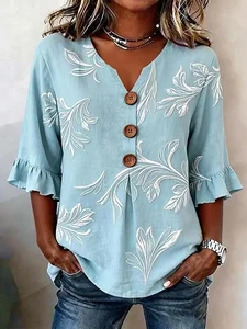 Image of Women's Half Sleeve Blouse Summer Blue Floral Printing V Neck Daily Going Out Vintage Top