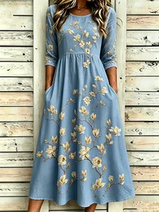 Image of Women's Light Blue Floral Print Maxi Dress Round Neck 3/4 Sleeve Casual A-Line Dress with Pockets