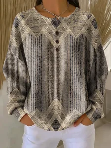 Image of Women's Abstract Print Button-Up Casual Waffle Knit Sweatshirt