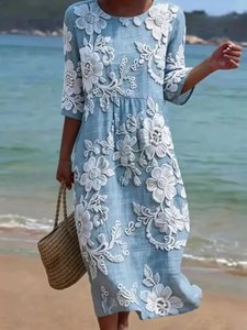 Image of Light Blue Floral Print Half Sleeve Round Neck Midi Dress