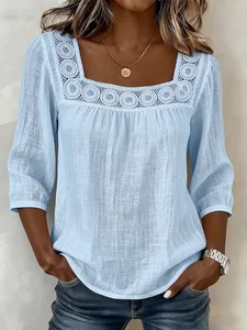 Image of Linen Blend Square Neck Loose Elegant Blouse