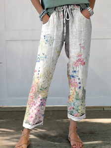 Image of Women's Straight Pants Daily Going Out Pants White Casual Printing Floral Spring/Fall Pants