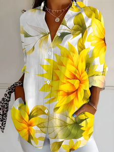 Image of Women's Long Sleeve Shirt Spring/Fall Yellow Floral Buckle Shirt Collar Regular Sleeve Daily Going Out Casual Top