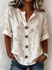 Image of Women's Floral Print Linen Blend V-Neck Button Front Rolled Sleeve Blouse