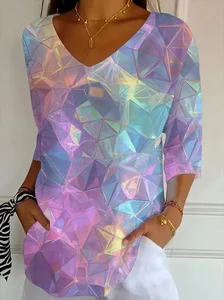 Image of Women's Three Quarter Sleeve T-shirt Spring/Fall As Picture Abstract Printing V Neck Daily Going Out Casual Top