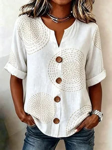 Image of Women's Geometric Print Linen Blend V-Neck Button Front Rolled Sleeve Blouse
