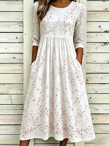 Image of Women's White Floral Print Maxi Dress Short Sleeve Casual A-Line with Pockets