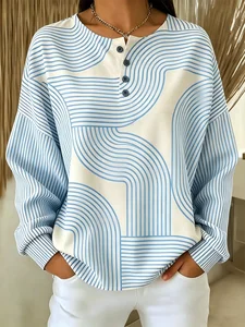 Image of Abstract Geometric Stripe Print Henley Neck Long Sleeve Casual Sweatshirt