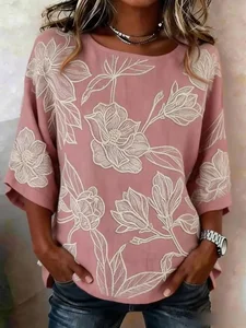 Image of Women's Half Sleeve Blouse Summer Pink Floral Printing Crew Neck Daily Going Out Vintage Top