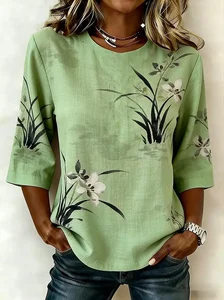 Image of Women's Half Sleeve Blouse Summer Green Floral Printing Crew Neck Daily Going Out Vintage Top