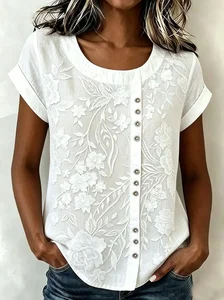 Image of 3D Printing Casual Linen Blend Crew Neck Loose Casual Top
