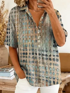Image of Women's Short Sleeve Shirt Summer As Picture Abstract Printing Shirt Collar Daily Going Out Casual Top