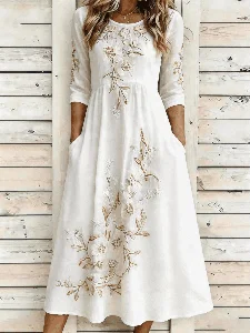 Image of White Floral Print A-Line Maxi Dress with Flattering Short Sleeves