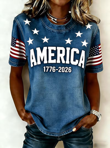 Image of Women's Short Sleeve T-shirt Summer Blue Independence Day (Flag) Printing Jersey Crew Neck Daily Going Out Casual Top