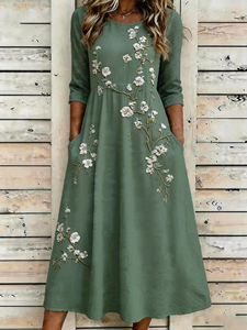 Image of Green Floral Boho A-Line Midi Dress with Flattering Short Sleeves