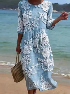 Image of Light Blue Floral Print Half Sleeve Round Neck Midi Dress
