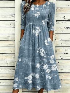 Image of Branch Floral Print Round Neck 3/4 Sleeve A-Line Midi Dress