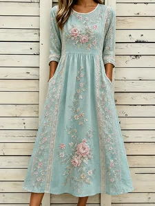 Image of Women's Half Sleeve Summer Blue Floral Printing Crew Neck Daily Going Out Casual Maxi H-Line Dress