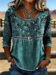 Image of Women's Half Sleeve Blouse Summer Green Abstract Printing Crew Neck Daily Going Out Casual Top