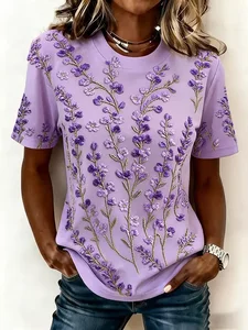 Image of Women's Short Sleeve T-shirt Summer Purple Floral Printing Jersey Crew Neck Daily Going Out Casual Top