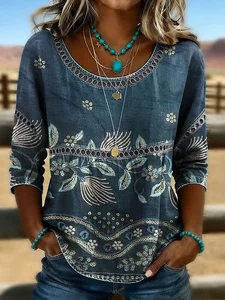 Image of Women's Half Sleeve Blouse Summer Deep Blue Abstract Printing Crew Neck Daily Going Out Casual Top