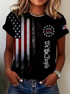 Image of Women's Short Sleeve T-shirt Summer Black Independence Day (Flag) Printing Jersey Crew Neck Daily Going Out Casual Top
