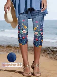 Image of Women's Elastic Waist H-Line Legging Daily Going Out Pants Blue Casual Printing Faux Denim Print Graphic Summer Pants