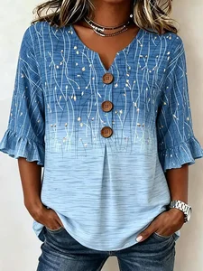 Image of Women's Half Sleeve Blouse Summer Blue Floral Printing V Neck Daily Going Out Vintage Top