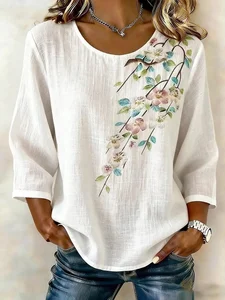 Image of Women’s White Floral Bird Print 3/4 Sleeve Round Neck Boho Blouse