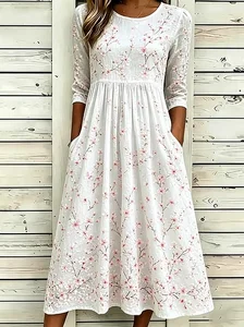 Image of Women's White Floral Print Maxi Dress Short Sleeve Casual A-Line with Pockets