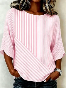 Image of Women's Half Sleeve Blouse Summer Pink Striped Printing Crew Neck Daily Going Out Vintage Top