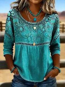 Image of Women's Half Sleeve Blouse Summer Green Abstract Printing Crew Neck Daily Going Out Casual Top