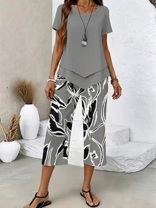 Image of Women's Printing Abstract Daily Going Out Two-Piece Set Gray Casual Summer Top With Pants Matching Set