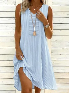 Image of Blue White Striped Sleeveless V-Neck Swing Dress Casual Summer Loose Dress