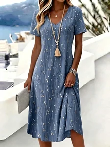 Image of Blue Twig Floral Print Tummy Coverage Short Sleeve V Neck Midi Dress