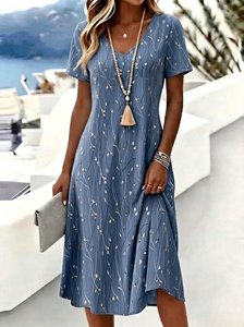 Image of Blue Twig Floral Print Tummy Coverage Short Sleeve V Neck Midi Dress