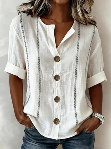 Image of Stand Collar Linen Blend Casual Shirt