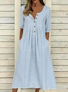 Image of Loose Striped Vintage Half Open Collar Dress With No