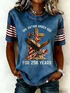 Image of Women's Short Sleeve T-shirt Summer Blue Independence Day (Flag) Printing Jersey Crew Neck Daily Going Out Casual Top