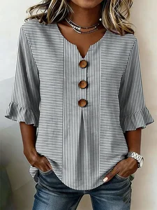 Image of Women's Half Sleeve Blouse Summer Gray Striped Printing V Neck Daily Going Out Vintage Top