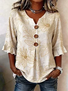 Image of Women's Half Sleeve Blouse Summer Apricot Floral Printing V Neck Daily Going Out Vintage Top