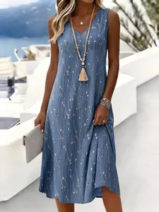 Image of Blue Gray Gold Vine Leaf Print Sleeveless V-Neck Casual Midi Dress