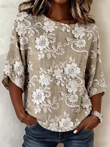 Image of Light Brown 3D Flower Print Round Neck 3/4 Sleeve Blouse